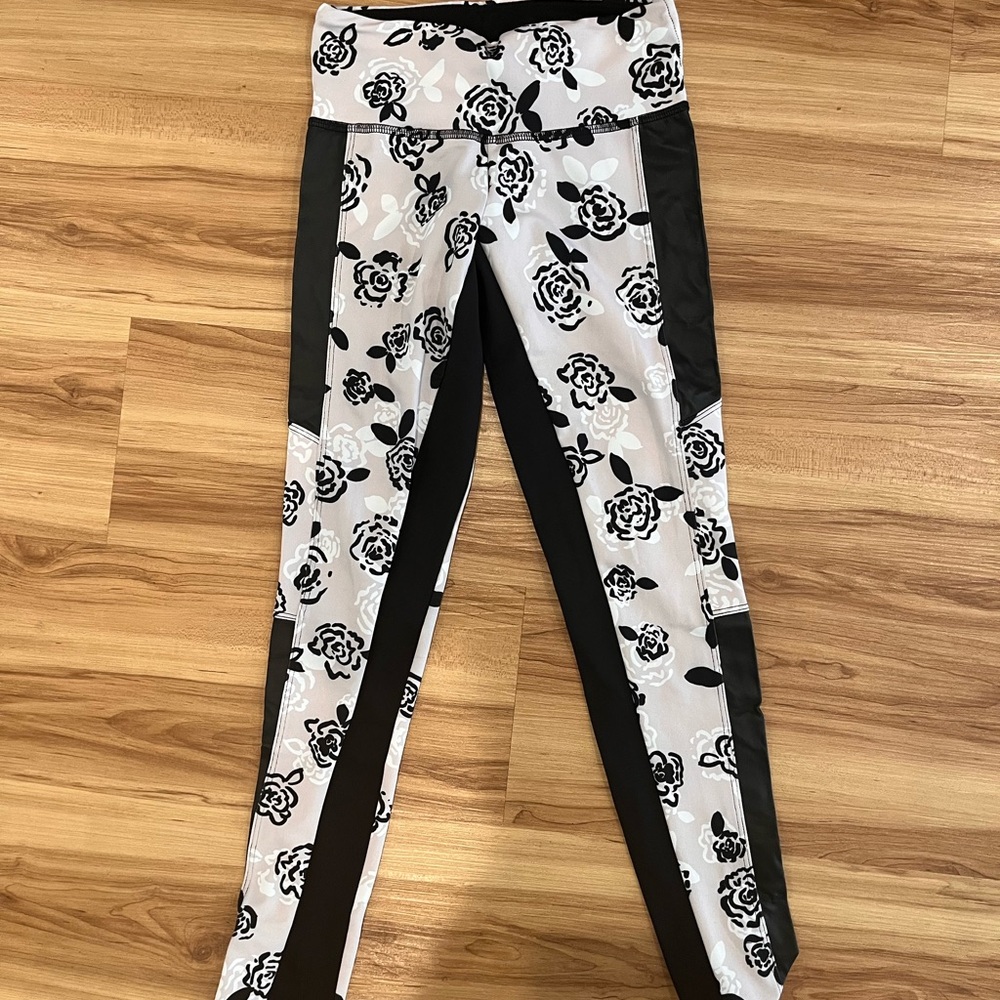 Black and Pink Floral Yoga Leggings with Faux Leather Accents
